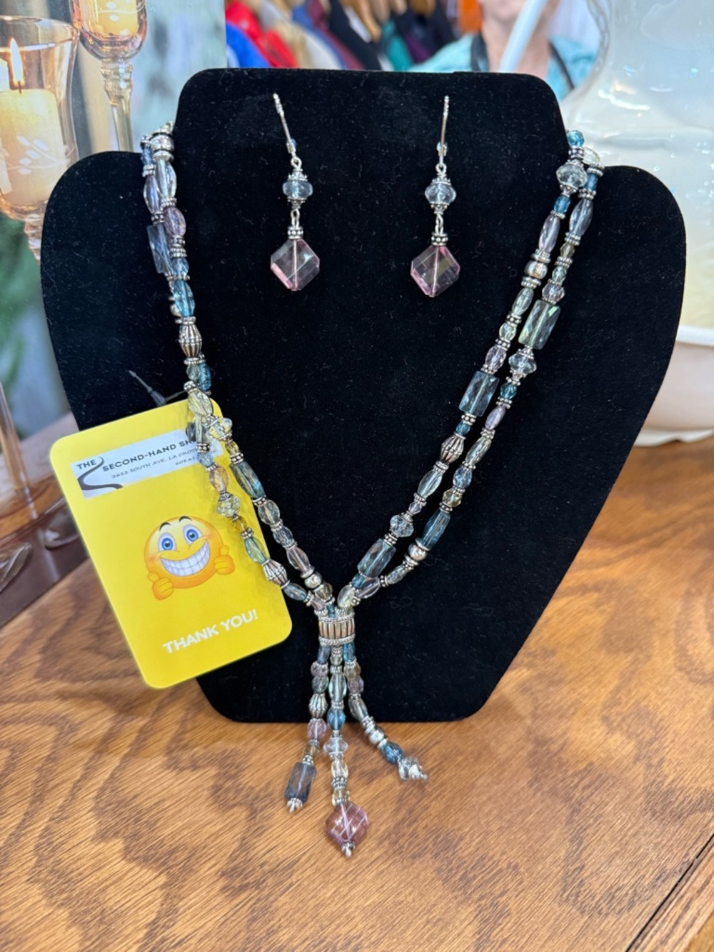 Vintage Napier Iridescent Bead Lariat Necklace w/Pink Crystal Drop Earrings Set